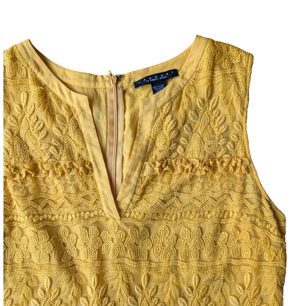 Laundry by Shelli Segal Yellow Embroidered Sleeveless V Neck cotton top Size 12